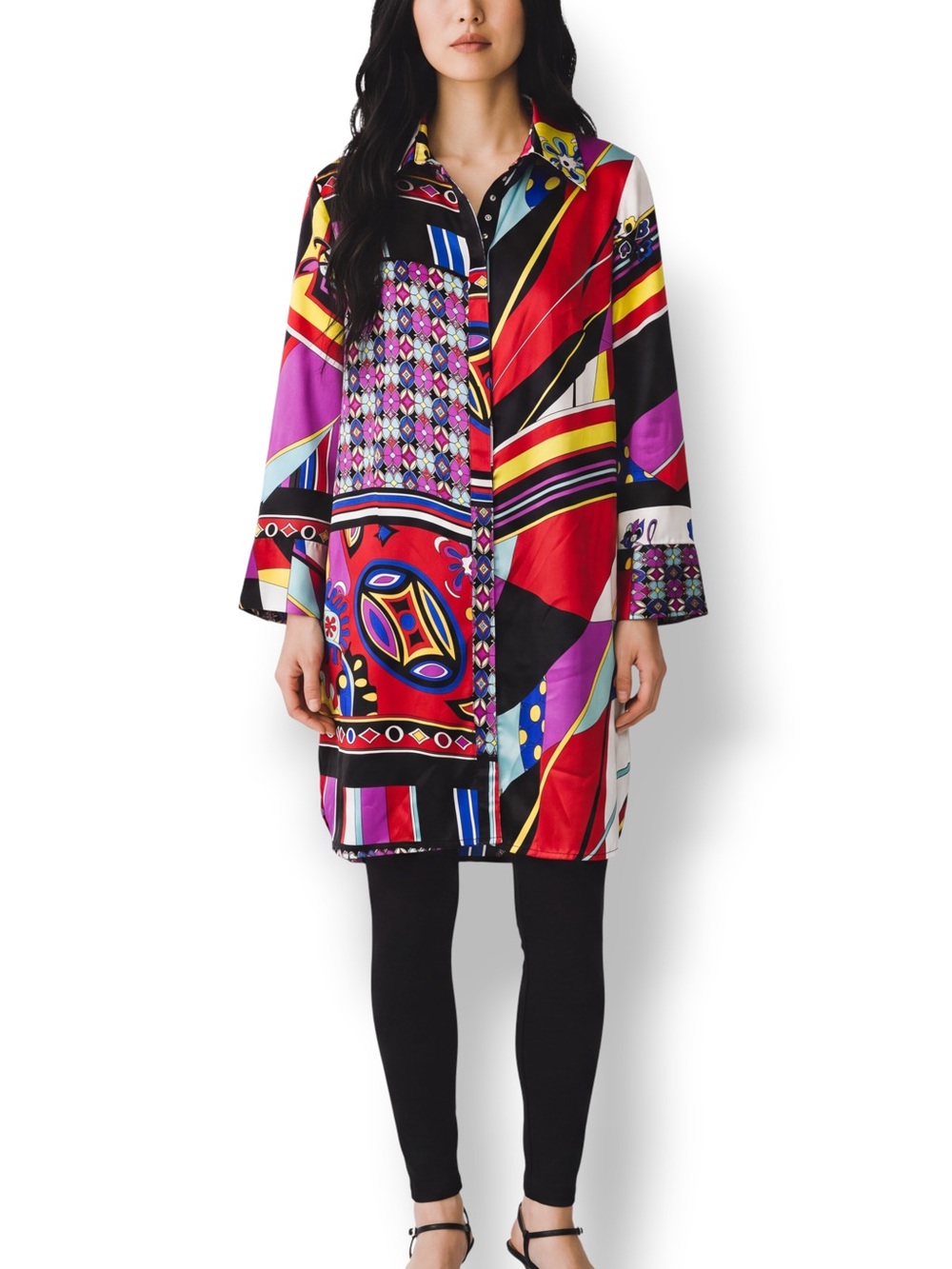 4/$20 Bella Pelle Scarf Print Tunic Large Snap Front Made USA Blouse